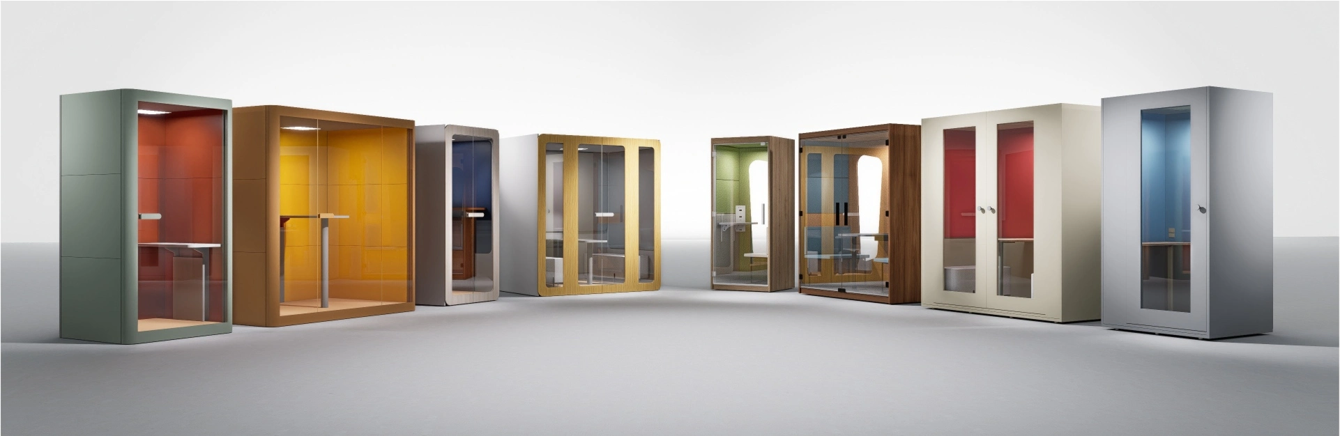 Modelos e variações de cabine acústica para escritório e reunião. Modelos individuais, para 2 e 4 pessoas.